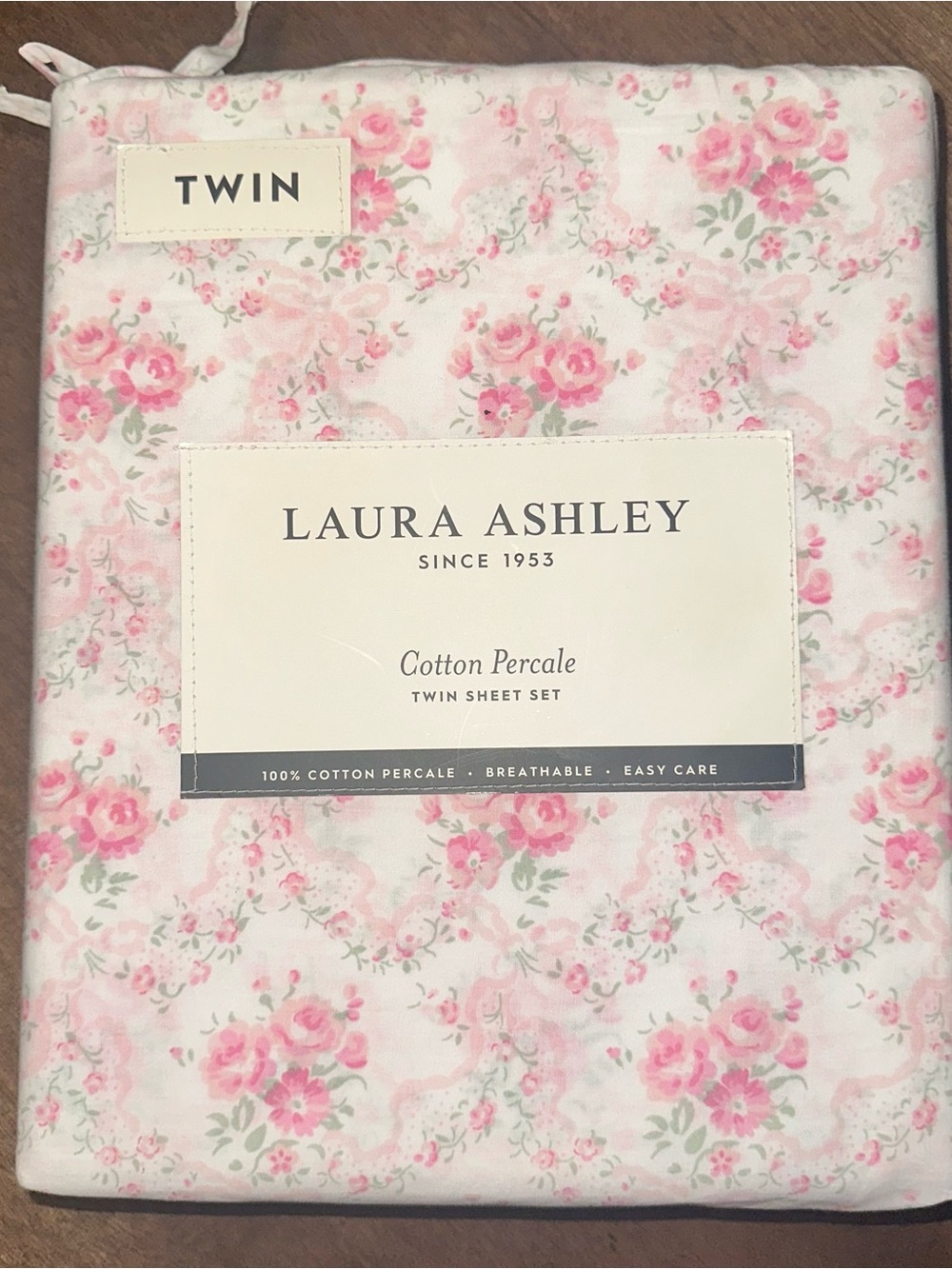 NEW Laura Ashley Twin Sheet Set Cotton Percale Pink Rose Floral Bows Cottagecore
